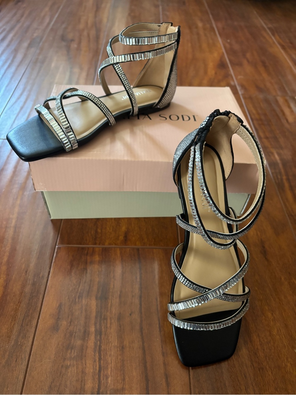 Thalia Sodi Black and Silver Strappy Rhinestone Sandal